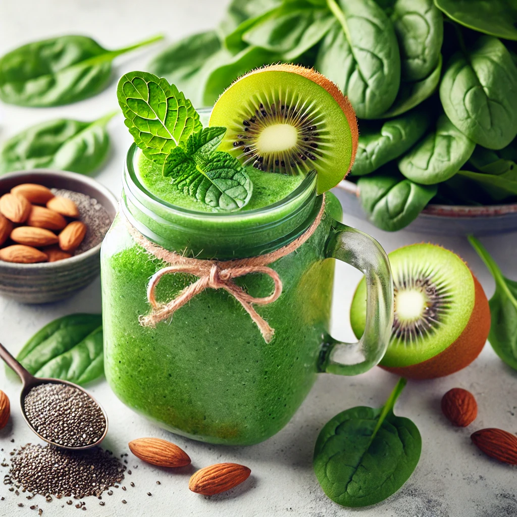  a green smoothie garnished with kiwi and mint, surrounded by spinach leaves, chia seeds, and almonds