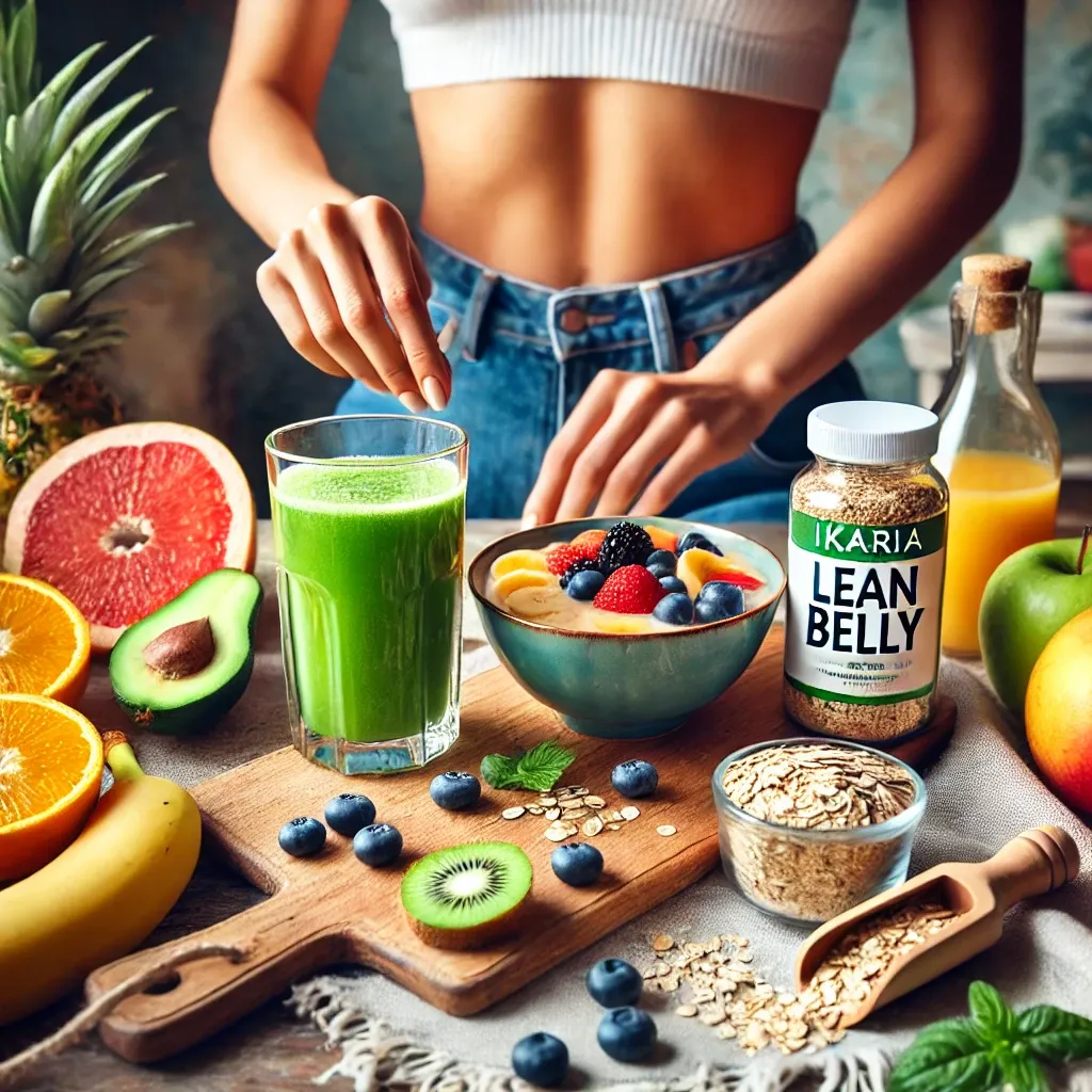 A healthy breakfast with Ikaria Lean Belly Juice, fruits, and oats, emphasizing a balanced morning routine for belly fat loss