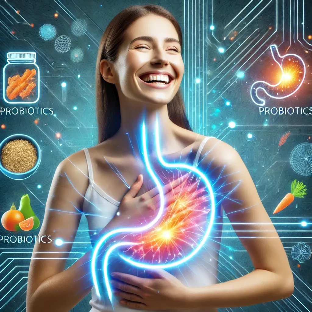 Person smiling and holding their stomach, with glowing lines around the stomach area symbolizing improved digestion and weight loss, surrounded by healthy foods and probiotics.