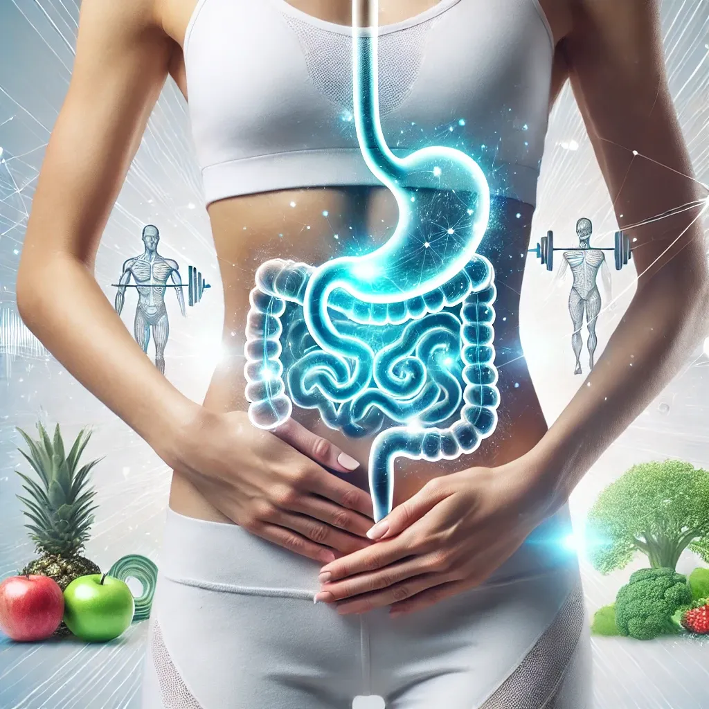 A person holding their stomach with a glowing abstract digestive system, symbolizing gut health and transformation with LeanBiome.