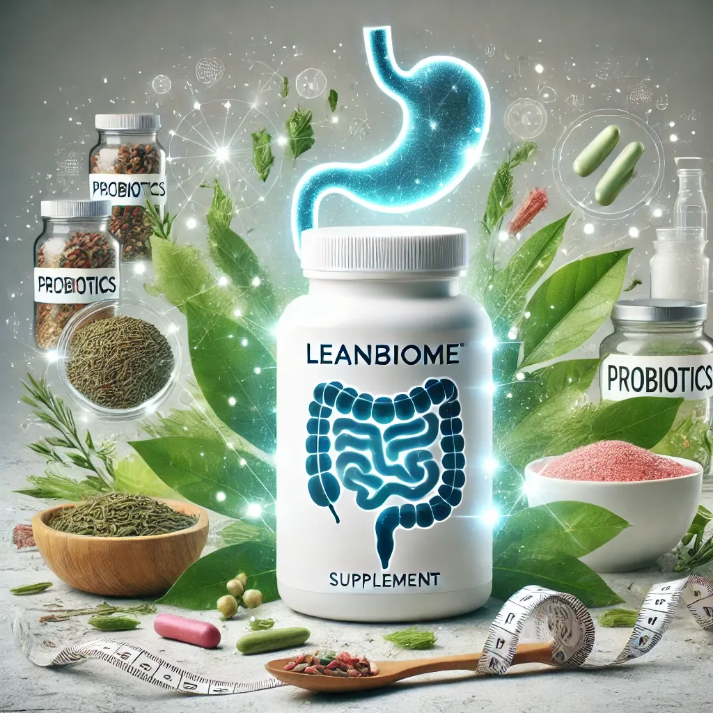 LeanBiome supplement bottle surrounded by green tea leaves, probiotics icons, and a glowing abstract digestive system, symbolizing improved gut health and belly fat reduction.