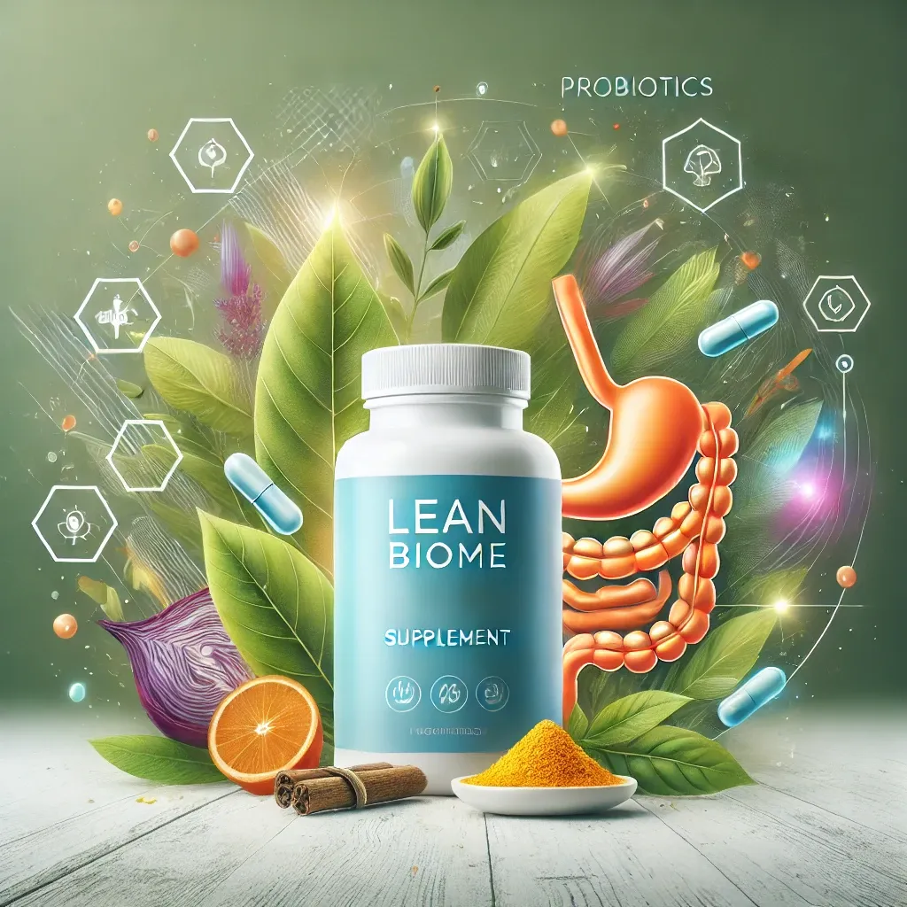 LeanBiome supplement bottle surrounded by green tea leaves, turmeric, and probiotics, representing gut health and metabolism boosting.