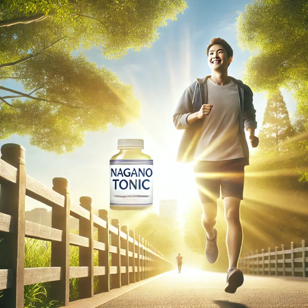 Energized person jogging outdoors in the morning light, symbolizing the natural energy boost from Nagano Tonic.