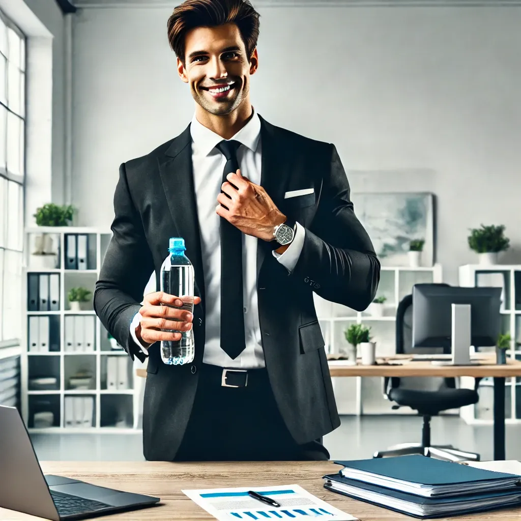 A busy professional in office attire, holding a water bottle and smiling confidently, maintaining fitness while working in a modern office.