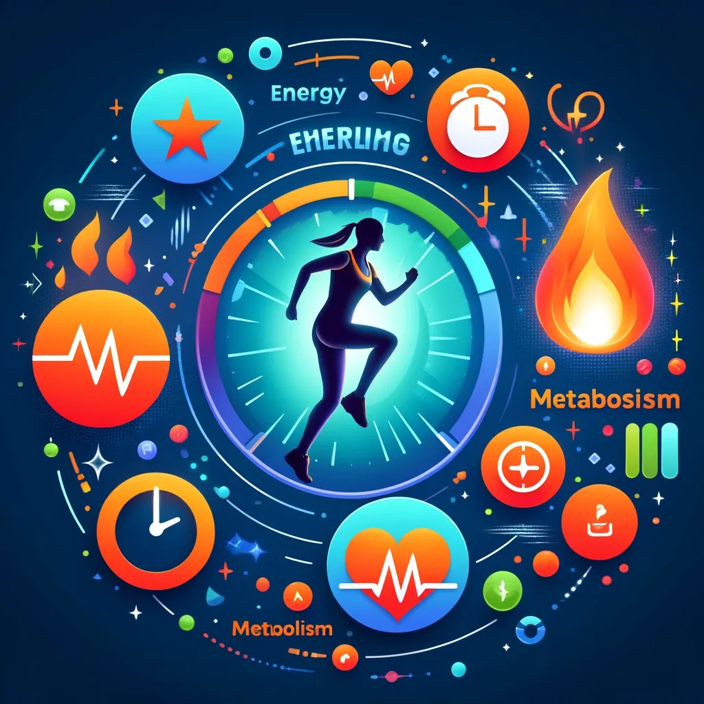 An illustration of a person working out, with symbols representing energy, metabolism, and fat burning, highlighting the benefits of using Puravive for weight loss.