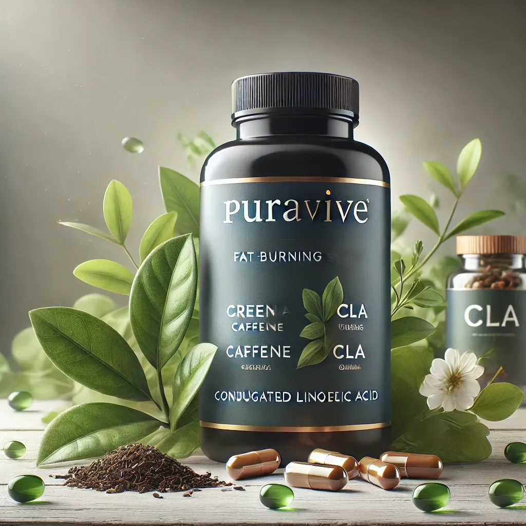 Puravive supplement bottle surrounded by natural ingredients such as green tea leaves, caffeine beans, and CLA capsules, symbolizing its natural fat-burning properties.