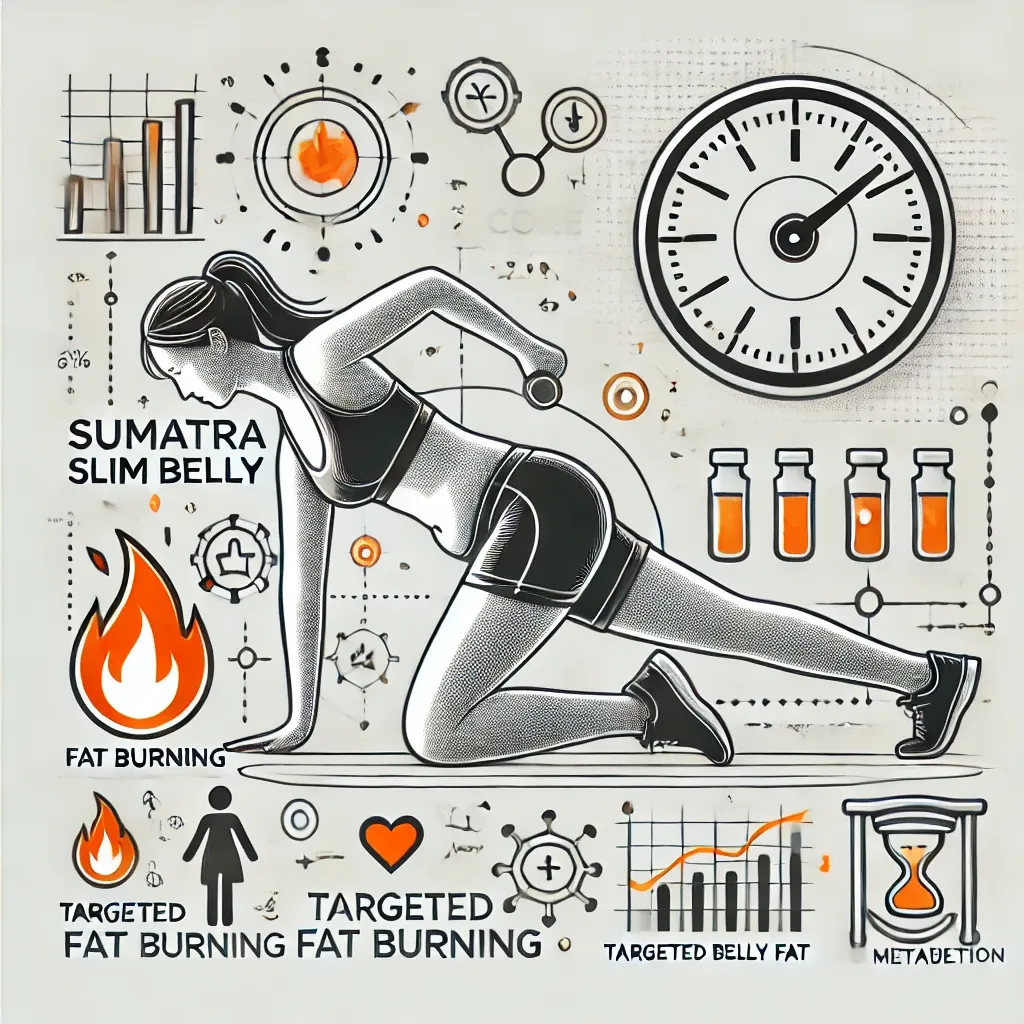 Illustration of a person performing a core workout with symbols representing fat burning and metabolism, emphasizing the benefits of Sumatra Slim Belly for targeted belly fat loss.