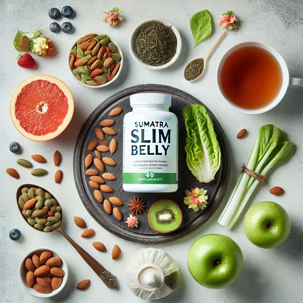 Flat-lay of a Sumatra Slim Belly supplement bottle surrounded by healthy foods like almonds, green tea, and fruit, promoting a balanced lifestyle.