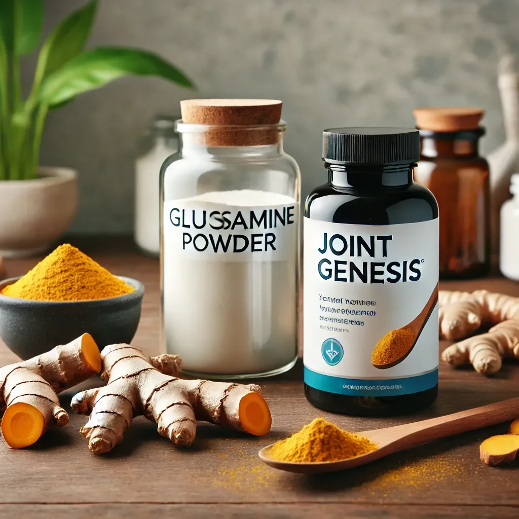 A close-up of a bottle of Joint Genesis supplement next to fresh ingredients like turmeric and glucosamine powder.